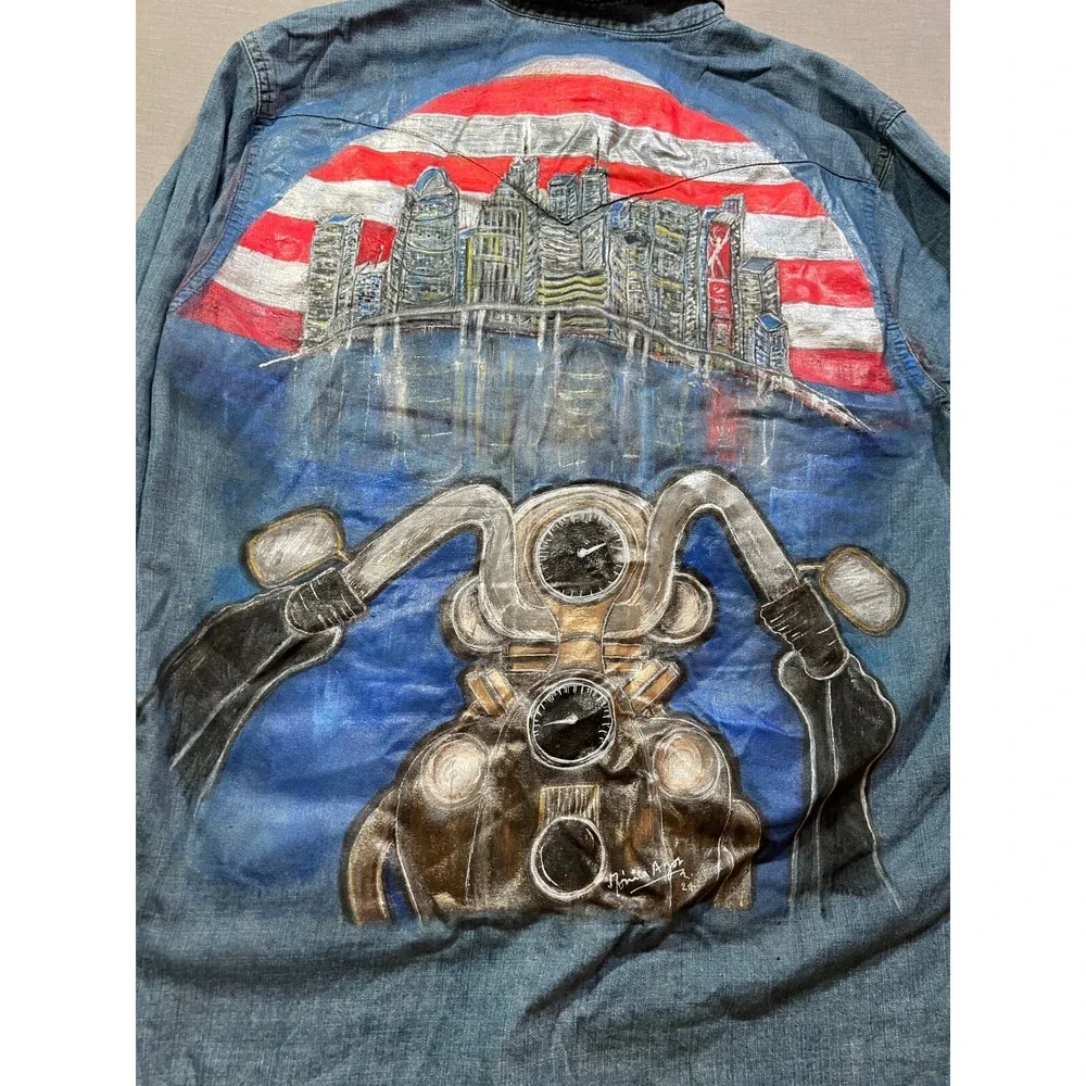Levis Custom Painted Motorcycle Denim Button Shirt Mens XL Blue Pearl Snap Adult